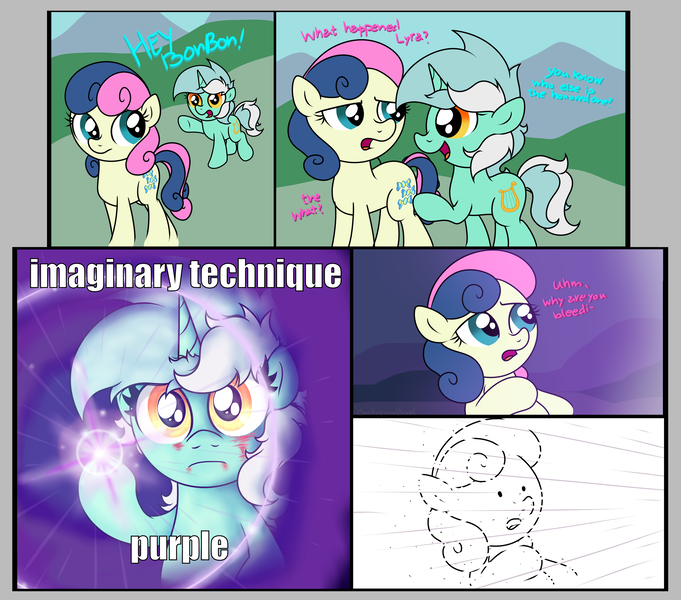 Size: 5295x4667 | Tagged: safe, artist:background basset, derpibooru import, bon bon, lyra heartstrings, sweetie drops, ponified, earth pony, pony, unicorn, bon bon is not amused, comic, dialogue, image, meme, png, reference to another series, text, unamused