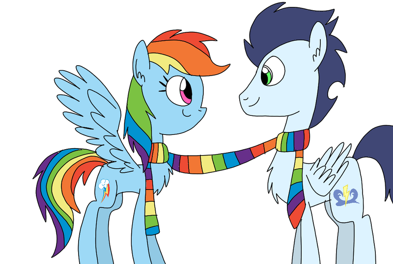 Size: 1071x720 | Tagged: safe, artist:dasher666, artist:mariethepony, derpibooru import, edit, rainbow dash, soarin', pegasus, pony, clothes, female, image, male, png, scarf, shared clothing, shared scarf, shipping, soarindash, straight