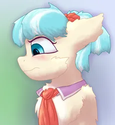 Size: 2208x2400 | Tagged: safe, artist:gosha305, derpibooru import, coco pommel, earth pony, pony, alternate hairstyle, blushing, bust, cheek fluff, chest fluff, clothes, cocobetes, cute, ear fluff, embarrassed, female, floppy ears, flower, fluffy, g4, gradient background, high res, image, looking away, looking sideways, mare, necktie, nose wrinkle, pigtails, png, portrait, raised hoof, scrunchie, solo
