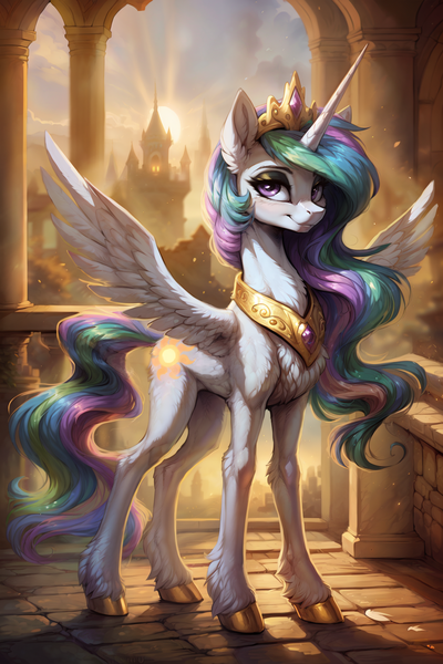 Size: 1536x2304 | Tagged: safe, ai content, derpibooru import, machine learning generated, stable diffusion, princess celestia, alicorn, pony, backlighting, castle, chest fluff, colored hooves, crown, day, ear fluff, eyelashes, eyeshadow, female, g4, gold hooves, hock fluff, hooves, image, jewelry, looking at you, makeup, mare, png, regalia, sky, solo, spread wings, sunlight, wings