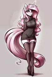 Size: 1536x2304 | Tagged: suggestive, ai content, derpibooru import, machine learning generated, stable diffusion, fleur-de-lis, anthro, pony, unicorn, big breasts, breasts, clothes, female, g4, high heels, image, long hair, long tail, mare, png, sexy, shoes, simple background, socks, solo, stockings, sweater, sweater dress, tail, thigh highs, zettai ryouiki