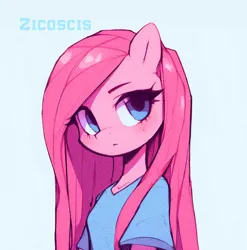 Size: 1024x1038 | Tagged: safe, artist:zicoscis, derpibooru import, pinkie pie, anthro, earth pony, pony, clothes, digital art, digital drawing, female, film grain, g4, half body, image, jpeg, looking at you, open mouth, pinkamena diane pie, shirt, simple background, solo, t-shirt