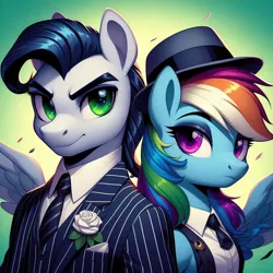 Size: 1024x1024 | Tagged: safe, ai content, derpibooru import, machine learning generated, prompter:*rainbow dash*, rainbow dash, soarin', anthro, alternate hairstyle, clothes, dapper, fedora, female, g4, generator:bing image creator, hat, image, mafia, male, png, roaring 20s, suit
