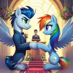 Size: 1024x1024 | Tagged: safe, ai content, derpibooru import, machine learning generated, prompter:*rainbow dash*, rainbow dash, soarin', human, carpet, church, clothes, female, g4, generator:bing image creator, holding hooves, image, male, marriage, pastor, png, red carpet, shipping, soarindash, spread wings, straight, suit, wings