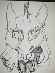 Size: 3468x4624 | Tagged: safe, artist:quizaro, derpibooru import, queen chrysalis, creepy, g4, horn, image, jpeg, mandibles, mawshot, open mouth, sharp teeth, sketch, solo, teeth, tongue out, traditional art