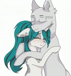 Size: 2845x3043 | Tagged: safe, artist:hysteriana, derpibooru import, oc, oc:evening lake, earth pony, pony, unicorn, blue hair, blushing, cute, digital art, duo, duo male and female, ear fluff, eyebrows, eyes closed, eyeshadow, female, floppy ears, gray coat, high res, hooves, horn, hug, image, jpeg, light skin, long hair, makeup, male, mare, patch, ponytail, simple background, smiling, spots, spotted, standing, sticker, stripes, two toned mane, white background, white coat, you