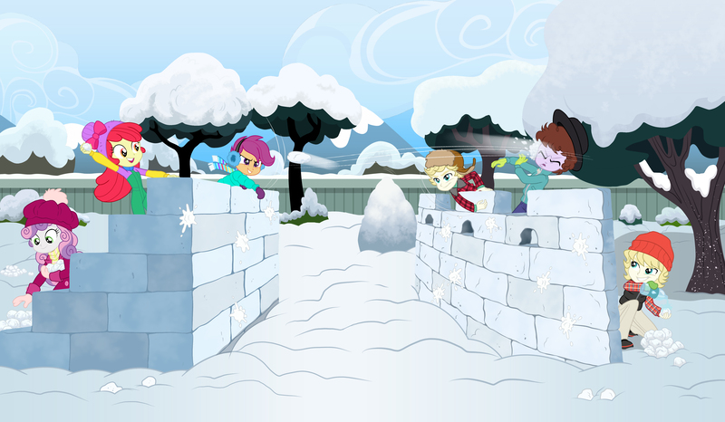 Size: 4959x2888 | Tagged: safe, artist:sapphiregamgee, derpibooru import, apple bloom, scootaloo, sweetie belle, equestria girls, equestria girls series, christmas, clothes, cody, crossover, dice, female, holiday, image, jpeg, snow, snowball, snowball fight, winter outfit, zack