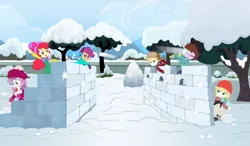 Size: 4959x2888 | Tagged: safe, artist:sapphiregamgee, derpibooru import, apple bloom, scootaloo, sweetie belle, equestria girls, equestria girls series, christmas, clothes, cody, crossover, dice, female, holiday, image, jpeg, snow, snowball, snowball fight, winter outfit, zack