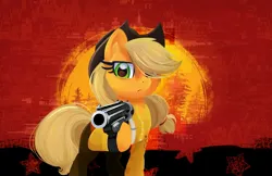 Size: 4096x2651 | Tagged: safe, artist:littleblackraencloud, derpibooru import, applejack, earth pony, pony, female, g4, gun, hair over one eye, handgun, high res, hoof hold, image, jpeg, looking at you, mare, red dead redemption, revolver, solo, weapon