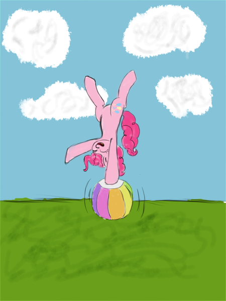 Size: 3120x4160 | Tagged: safe, artist:bazza, artist:thatmlpartist, artist:zestymf, color edit, derpibooru import, edit, editor:bazza, editor:zestymf, pinkie pie, balance, balancing, beach ball, colored, emanata, eyes closed, featureless crotch, happy, image, paint tool sai, pinkie being pinkie, png, raised hoof, raised hooves, scenery, smiling, upside down