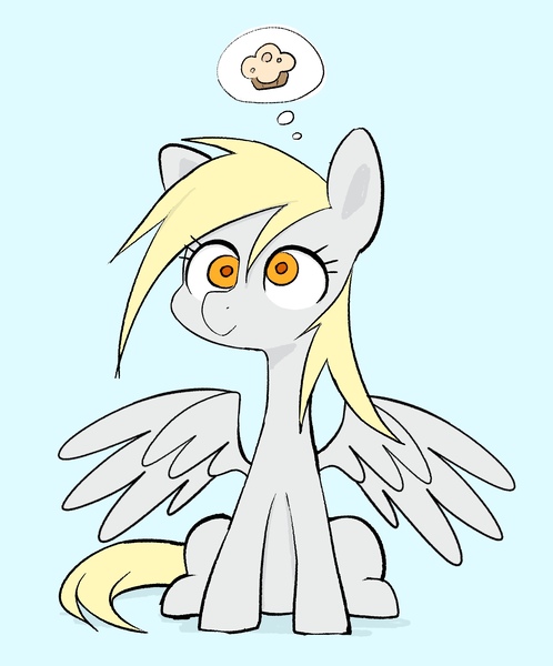 Size: 1964x2365 | Tagged: safe, artist:noupu, derpibooru import, derpy hooves, pegasus, pony, cute, derpabetes, female, food, high res, image, jpeg, light blue background, mare, muffin, simple background, sitting, smiling, solo, spread wings, that pony sure does love muffins, the inner machinations of my mind are an enigma, thought bubble, wings