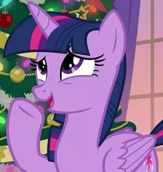 Size: 980x1035 | Tagged: safe, derpibooru import, screencap, twilight sparkle, twilight sparkle (alicorn), alicorn, pony, season 8, the hearth's warming club, spoiler:s08, christmas, christmas tree, cropped, cute, female, folded wings, g4, hearth's warming eve, holiday, horn, image, mare, png, pointing, solo, tree, twiabetes, wings