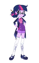 Size: 1280x2048 | Tagged: safe, artist:jack-pie, derpibooru import, sci-twi, twilight sparkle, human, equestria girls, bangs, buttons, clothes, denim, denim shorts, female, g4, glasses, hair bun, hand on hip, image, jacket, long sleeves, png, shirt, shoes, shorts, simple background, smiling, smug, socks, solo, thigh highs, transparent background