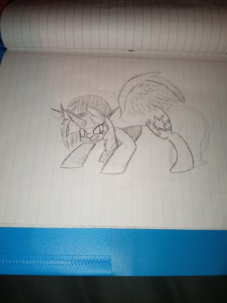 Size: 3120x4160 | Tagged: safe, artist:thatmlpartist, derpibooru import, twilight sparkle, twilight sparkle (alicorn), alicorn, pony, angry, arched back, cutie mark, fighting stance, full body, g4, glow, glowing horn, horn, image, jpeg, lined paper, monochrome, notebook, pencil drawing, sketch, solo, spread wings, traditional art, wings