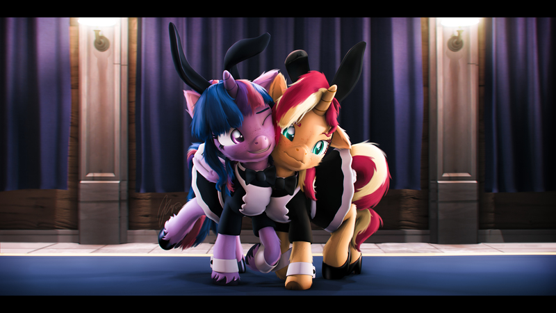 Size: 9600x5400 | Tagged: safe, artist:imafutureguitarhero, derpibooru import, sci-twi, sunset shimmer, twilight sparkle, alicorn, pony, unicorn, 3d, :s, absurd file size, absurd resolution, alicornified, apron, black bars, blushing, bow, bowtie, bunny ears, bunny suit, bunny tail, carpet, cheek fluff, chromatic aberration, clothes, colored eyebrows, colored eyelashes, colored wings, cuffs (clothes), curtains, cute, dress, duo, ear fluff, ear freckles, embarrassed, female, film grain, floppy ears, fluffy, folded wings, freckles, fur, grin, heels on a horse, high heels, hoof fluff, horn, image, jpeg, lamp, leg fluff, leg freckles, lesbian, looking at someone, maid, maidlight sparkle, mare, multicolored hair, multicolored mane, multicolored tail, neck fluff, nose wrinkle, one ear down, one eye closed, paintover, peppered bacon, playboy bunny, race swap, raised hoof, raised leg, revamped ponies, rug, sci-twilicorn, shimmerbetes, ship:sci-twishimmer, shipping, shoes, signature, skirt, smiling, source filmmaker, sunsetsparkle, tail, twiabetes, two toned wings, unshorn fetlocks, varying degrees of amusement, wall of tags, wavy mouth, wings, wink
