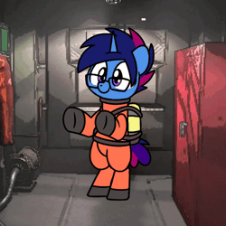 Size: 600x600 | Tagged: safe, artist:sugar morning, derpibooru import, oc, oc:marquis majordome, pony, unicorn, air tank, animated, bipedal, clothes, dancing, g4, gif, glasses, harness, hazmat suit, image, lethal company, shoes, solo, tack