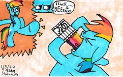 Size: 5390x3391 | Tagged: safe, artist:teh-supar-arter, derpibooru import, rainbow dash, pegasus, alcoholism, dialogue, drink, drinking, eyes closed, image, kicking, marker drawing, png, signature, solo, speech bubble, standing, traditional art