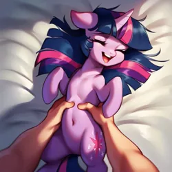 Size: 919x920 | Tagged: safe, ai content, derpibooru import, machine learning generated, twilight sparkle, human, pony, unicorn, belly button, disembodied hand, eyes closed, featureless crotch, hand, human on pony action, image, interspecies, png, tickle torture, tickling, ticklish tummy