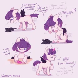 Size: 2000x2000 | Tagged: safe, artist:lionbun, derpibooru import, oc, oc:wanda, unofficial characters only, bat pony, bat pony unicorn, hybrid, pony, unicorn, bat pony oc, bat wings, comic, crying, cute, determined, fake horn, female, filly, horn, image, plushie, png, story, wings