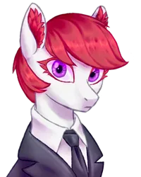 Size: 1200x1500 | Tagged: safe, artist:mr.catfish, derpibooru import, earth pony, equestria at war mod, clothes, ear fluff, eaw redux, female, image, jacket, light skin, looking at you, necktie, png, purple eyes, red mane, shirt, simple background, solo, transparent background