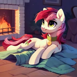 Size: 4096x4096 | Tagged: safe, ai content, derpibooru import, machine learning generated, prompter:doom9454, stable diffusion, roseluck, pony, blanket, collar, cute, fireplace, generator:purplesmart.ai, image, jpeg, lying down, pet tag, pony pet, rosepet