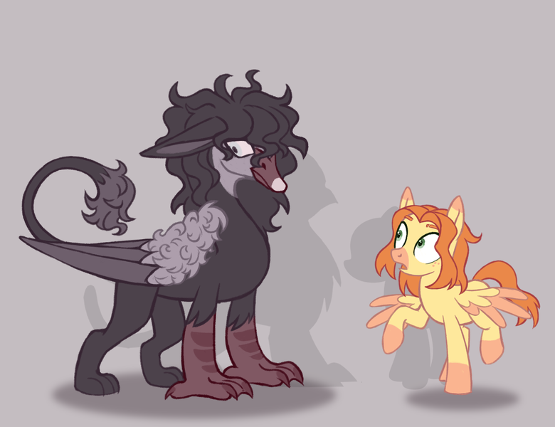 Size: 1300x1000 | Tagged: safe, artist:mr.catfish, derpibooru import, oc, oc:jan, oc:michael pegasus, bird, gryphon, pegasus, pony, swan, black mane, curly hair, curly tail, duo, ears, floppy ears, gray eyes, green eyes, height difference, image, male, png, red mane, reference sheet, simple background, size comparison, tail, yellow coat