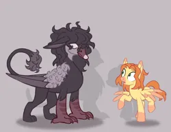 Size: 1300x1000 | Tagged: safe, artist:mr.catfish, derpibooru import, oc, oc:jan, oc:michael pegasus, bird, gryphon, pegasus, pony, swan, black mane, curly hair, curly tail, duo, ears, floppy ears, gray eyes, green eyes, height difference, image, male, png, red mane, reference sheet, simple background, size comparison, tail, yellow coat