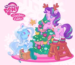 Size: 3739x3260 | Tagged: safe, artist:shugrcube, derpibooru import, starlight glimmer, trixie, pony, unicorn, antlers, bipedal, christmas, christmas tree, collaboration, decorating, duo, female, heart, heart eyes, high res, holiday, image, jpeg, levitation, looking at each other, looking at someone, magic, mare, my little pony logo, open mouth, open smile, reindeer antlers, saddle, smiling, smiling at each other, snow, snowflake, tack, telekinesis, tree, tree star, tree topper, wingding eyes