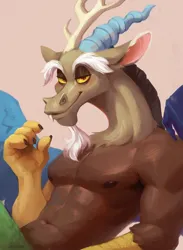 Size: 2412x3296 | Tagged: suggestive, artist:jewellier, derpibooru import, discord, anthro, draconequus, abs, bedroom eyes, horn, image, looking at you, male, male nipples, multiple horns, nipples, nudity, pink background, png, simple background, solo, solo male