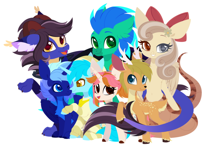 Size: 4664x3312 | Tagged: safe, artist:belka-sempai, derpibooru import, oc, oc:belka, oc:lumiere eleve, oc:night sky (polak23), oc:northlight (oleniandeer), oc:peach blossom, oc:sky splash, oc:solstice horizon, unofficial characters only, alicorn, deer, draconequus, hippogriff, lamia, original species, pony, unicorn, derpibooru community collaboration, 2024 community collab, cute, disguise, disguised changeling, image, png