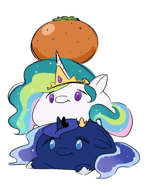 Size: 1066x1294 | Tagged: safe, artist:mayugraffiti, derpibooru import, princess celestia, princess luna, alicorn, pony, blob ponies, cute, cutelestia, duo, female, food, image, jpeg, lunabetes, orange, royal sisters, siblings, simple background, sisters, white background