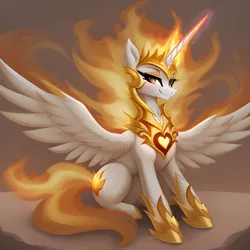 Size: 2048x2048 | Tagged: safe, ai content, derpibooru import, machine learning generated, prompter:felixx, stable diffusion, daybreaker, alicorn, pony, generator:easyfluff v11.2, glow, glowing horn, horn, image, png, royalty, simple background, sitting, smiling, solo, spread wings, wings