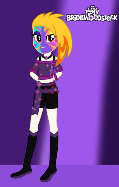 Size: 955x1499 | Tagged: safe, artist:robertsonskywa1, derpibooru import, equestria girls, g5, my little pony: tell your tale, bridlewoodstock, bridlewoodstock (tell your tale), clothes, female, flare (g5), image, outfit, photo, png, purple background, simple background, solo