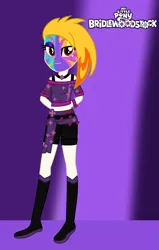 Size: 955x1499 | Tagged: safe, artist:robertsonskywa1, derpibooru import, equestria girls, g5, my little pony: tell your tale, bridlewoodstock, bridlewoodstock (tell your tale), clothes, female, flare (g5), image, outfit, photo, png, purple background, simple background, solo