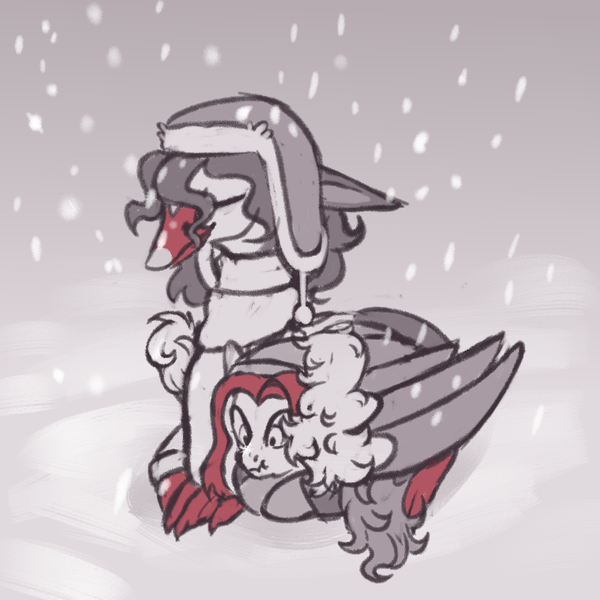 Size: 800x800 | Tagged: safe, artist:mr.catfish, derpibooru import, oc, oc:jan, oc:michael pegasus, bird, gryphon, pegasus, swan, caption, clothes, duo, floppy ears, folded wings, image, image macro, png, red mane, scarf, sitting, smiling, snow, snowfall, snowflake, text, wings