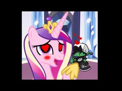 Size: 640x480 | Tagged: safe, artist:tankman, derpibooru import, princess cadance, oc, oc:anon, alicorn, human, pony, animated, black shirt, crystal castle, dancing, friday night funkin', g4, green skin, happy, health bars, heart, heart eyes, image, jpeg, love quest, music, note, question mark, simple background, singing, smiling, song, sweat, trembling, video, video game, white background, wingding eyes, worried, youtube video