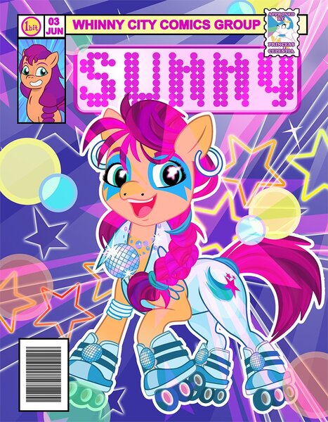 Size: 856x1100 | Tagged: safe, artist:pixelkitties, derpibooru import, princess celestia, sunny starscout, earth pony, pony, g5, my little pony: tell your tale, clothes, dazzler, disco, female, image, jpeg, mare, roller skates, skates, solo focus