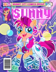 Size: 856x1100 | Tagged: safe, artist:pixelkitties, derpibooru import, princess celestia, sunny starscout, earth pony, pony, g5, my little pony: tell your tale, clothes, dazzler, disco, female, image, jpeg, mare, roller skates, skates, solo focus