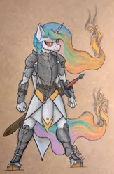 Size: 2268x3483 | Tagged: safe, artist:cmdraj, artist:yognaughtsteve, derpibooru import, daybreaker, princess celestia, alicorn, anthro, armor, fire, high res, image, png, solo, sword, traditional art, unshorn fetlocks, weapon