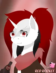 Size: 3152x4096 | Tagged: safe, artist:mairiathus, derpibooru import, oc, oc:red rocket, unicorn, fallout equestria, commission, horn, image, nuka cola, png, red eyes, red hair, smiling
