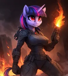 Size: 896x1000 | Tagged: safe, ai content, machine learning generated, ponerpics import, ponybooru import, prompter:hellfire, twilight sparkle, anthro, unicorn, series:legion, fantasy, fire, image, jpeg, science fiction, war, weapon