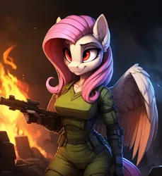 Size: 704x768 | Tagged: safe, ai content, machine learning generated, ponerpics import, ponybooru import, prompter:hellfire, fluttershy, anthro, pegasus, series:legion, fantasy, fire, image, jpeg, science fiction, war, weapon