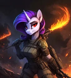 Size: 704x768 | Tagged: safe, ai content, machine learning generated, ponerpics import, ponybooru import, prompter:hellfire, rarity, anthro, unicorn, series:legion, fantasy, fire, image, jpeg, science fiction, war, weapon