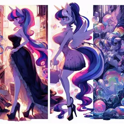 Size: 1024x1024 | Tagged: safe, ai content, derpibooru import, machine learning generated, twilight sparkle, oc, alicorn, anthro, unicorn, abstract, bag, big breasts, breasts, clothes, curvy, dress, female, g4, handbag, high heels, hourglass figure, huge breasts, image, implied transformation, jpeg, large butt, manga, manga style, prompter:horselover fat, purse, sexy, shoes, side view, sideboob, surreal, wide hips