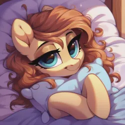 Size: 1024x1024 | Tagged: prompter needed, safe, ai content, derpibooru import, machine learning generated, oc, oc:cream heart, unofficial characters only, earth pony, pony, bed, bed sheets, bedroom eyes, female, generator:dall-e 3, hug, image, indoors, laying on bed, looking at you, lying down, mare, messy mane, milf, on bed, pillow, pillow hug, png, smiling, smiling at you, solo