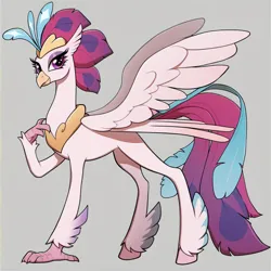 Size: 1024x1024 | Tagged: prompter needed, safe, ai content, derpibooru import, machine learning generated, stable diffusion, queen novo, classical hippogriff, hippogriff, my little pony: the movie, beak, feathered fetlocks, feathered wings, female, generator:pony diffusion v6 xl, generator:purplesmart.ai, image, looking at you, png, purple eyes, simple background, spread wings, wings