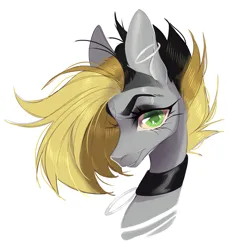 Size: 3255x3496 | Tagged: safe, derpibooru import, oc, oc:tlen borowski, pony, bust, collar, dark, gray, high res, image, png, simple background, smug, white background, yellow hair