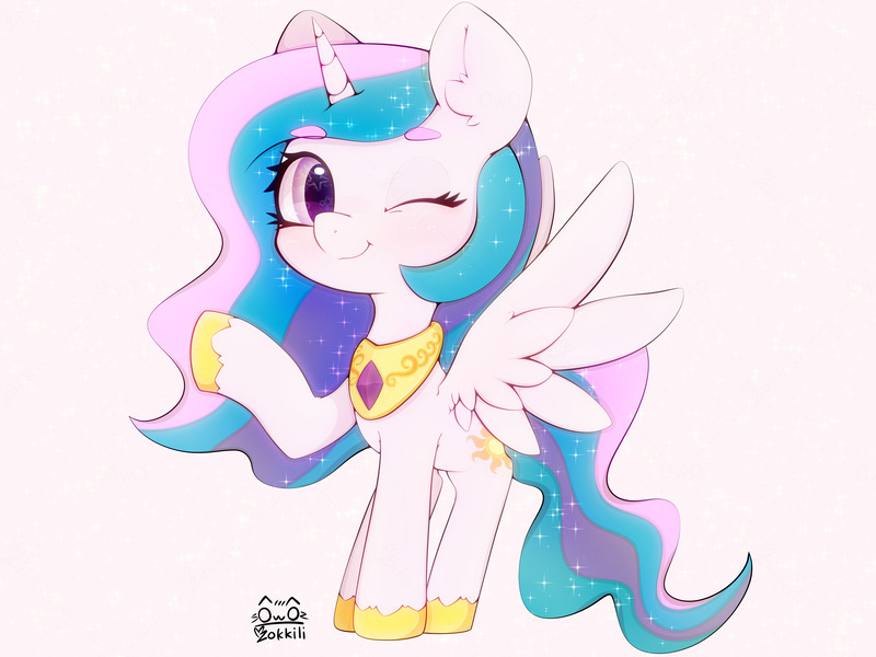 Size: 4000x3000 | Tagged: safe, artist:zokkili, derpibooru import, princess celestia, alicorn, pony, beanbrows, colored eyebrows, ear fluff, eyebrows, eyebrows visible through hair, female, g4, high res, hoof shoes, horn, image, jpeg, looking at you, mare, one eye closed, peytral, princess shoes, raised hoof, signature, smiling, smiling at you, solo, sparkles, spread wings, wings, wink, winking at you