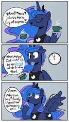 Size: 1706x3004 | Tagged: safe, artist:icey, derpibooru import, princess luna, alicorn, pony, clock, coffee, comic, dialogue, espresso, female, g4, heavy breathing, image, misspelling, offscreen character, png, solo focus