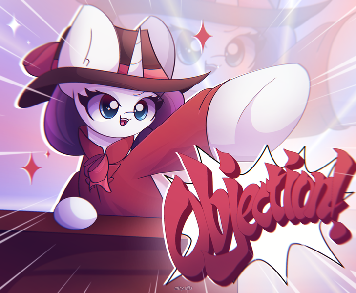 Size: 2550x2100 | Tagged: safe, artist:miryelis, derpibooru import, rarity, pony, unicorn, rarity investigates, ace attorney, big ears, clothes, crossover, female, g4, hat, high res, image, mare, meme, objection, png, raised hoof, smiling, solo, text